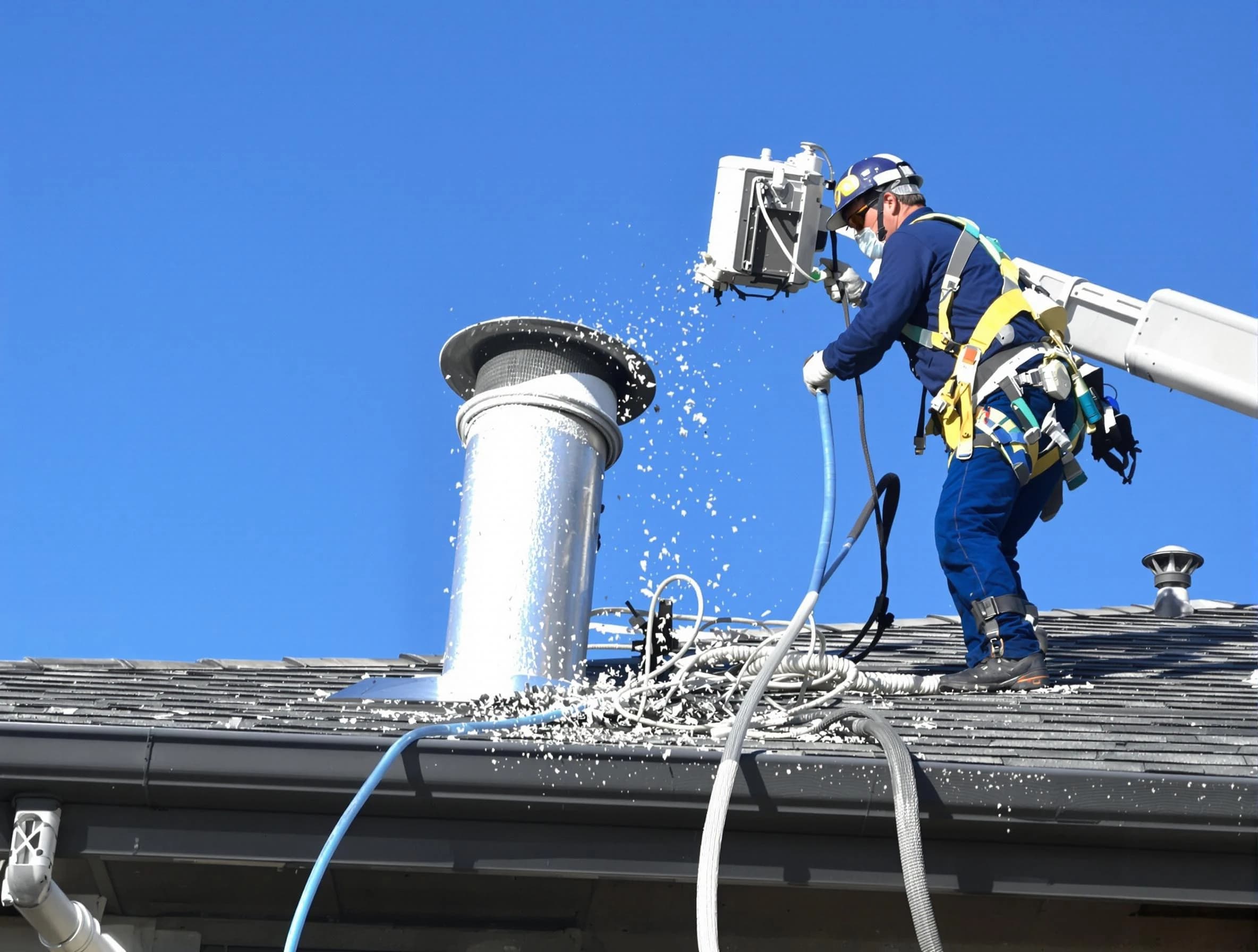 New Kensington Dryer Vent Cleaning certified technician safely cleaning a roof-mounted dryer vent in New Kensington